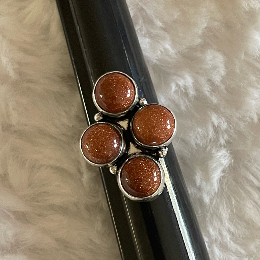 Goldstone Cabochon Cluster Ring Silver Plated Southwestern Style Size 8.5